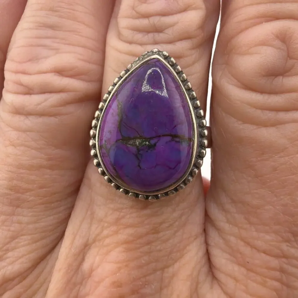 Teardrop Purple Turquoise Sterling Silver Ring Artisan Jewelry 8